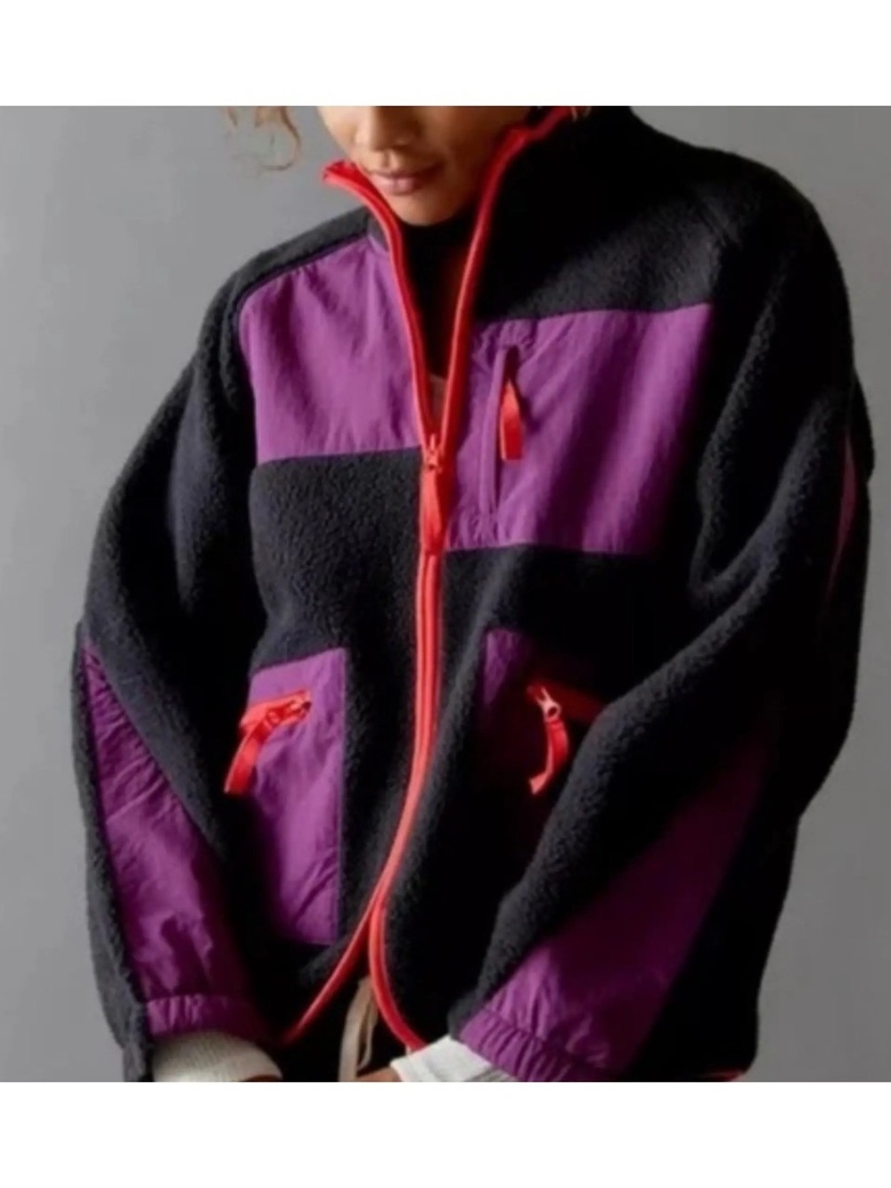 Urban Outfitters Black and Purple Teddy Fleece Jacket with Red Trim